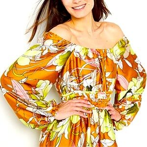 Women’s Tan Floral Long Sleeve Smocked Dress Small Ryegrass